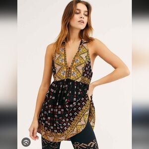 Free People Black and Yellow Patterned Mini Dress Or Tunic
